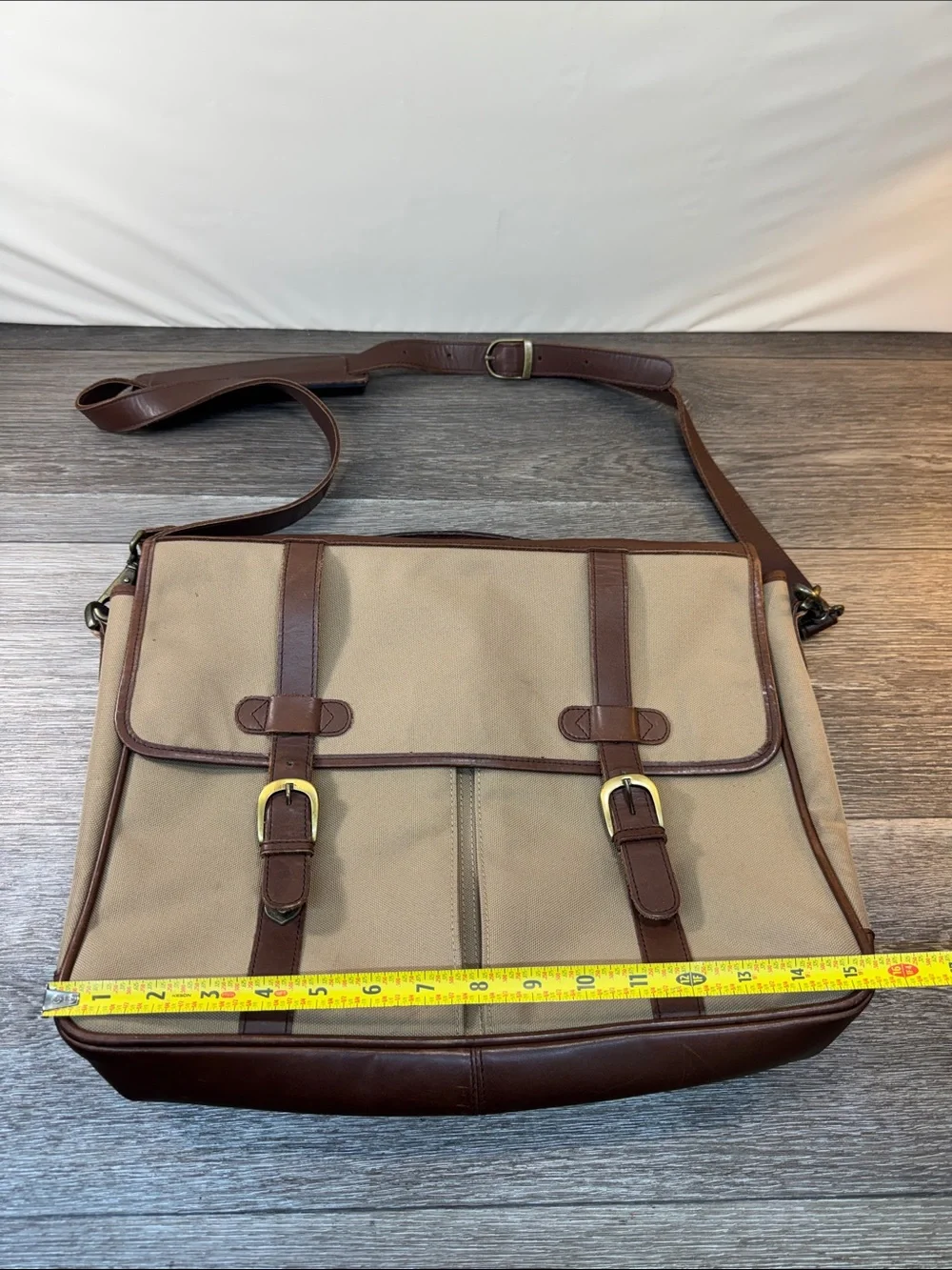 Eddie Bauer Tan Canvas Messenger Bag with Brown Leather Trim